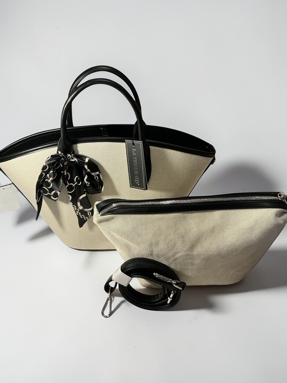 LA TERRE Black Trim Canvas Hand Bag and Pouch Set - Black & Cream